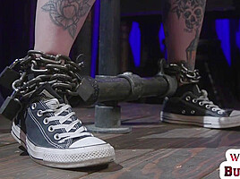 BDSM lezdom latex domina toys and fingers tattooed sub